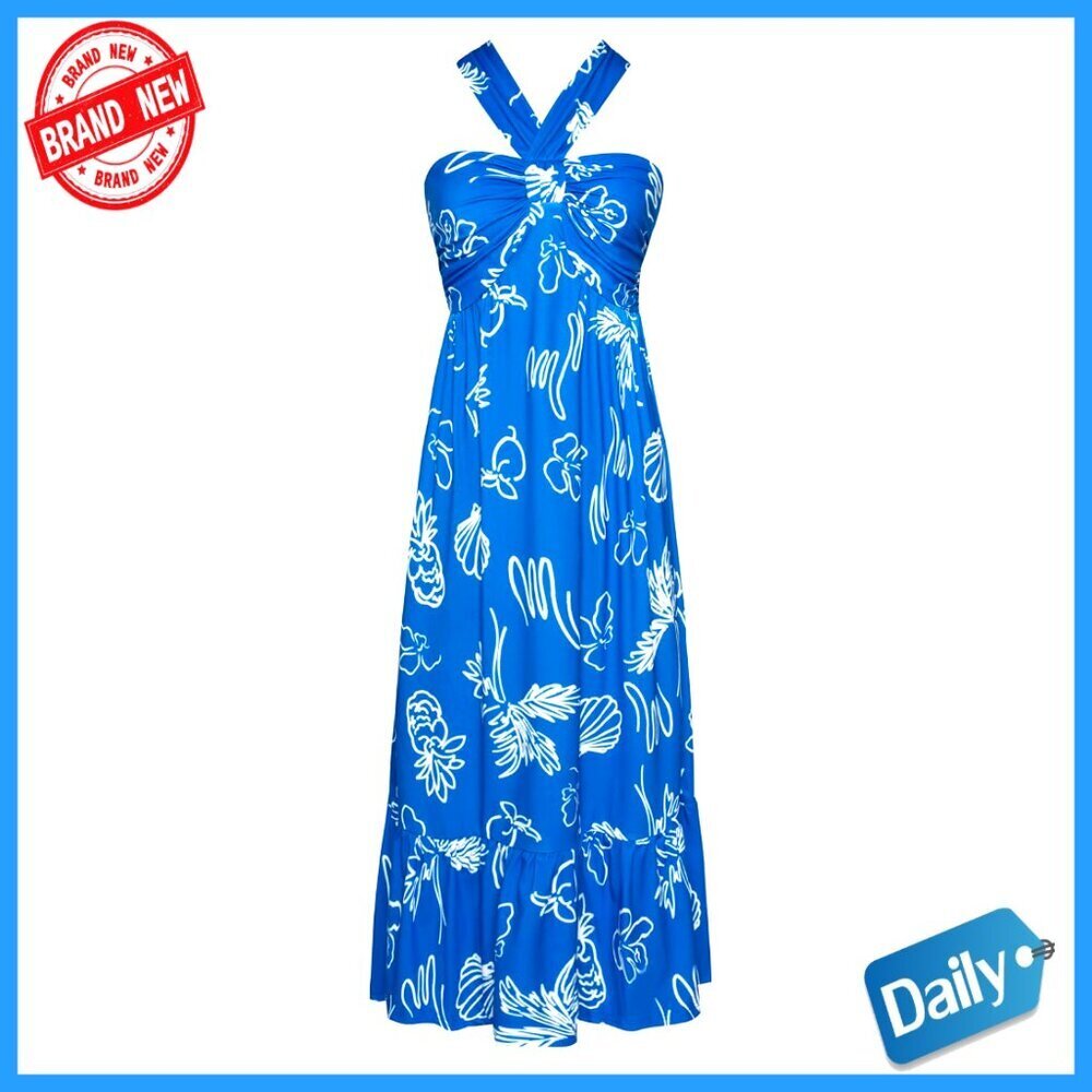 Floral Print Maxi Dress Sleeveless Halterneck A-Line Side Pockets